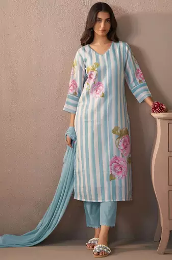 Floral Printed V-Neck Linen Kurta with Trousers & Dupatta
