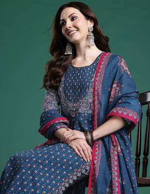 Ethnic Motifs Printed Mirror Work  Cotton Kurta with Trousers & With Dupatta 1