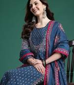 Ethnic Motifs Printed Mirror Work  Cotton Kurta with Trousers & With Dupatta