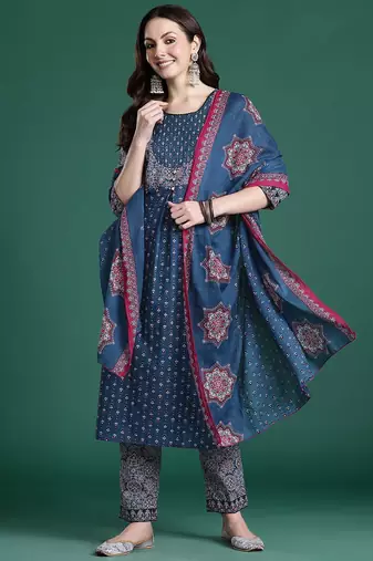 Ethnic Motifs Printed Mirror Work  Cotton Kurta with Trousers & With Dupatta