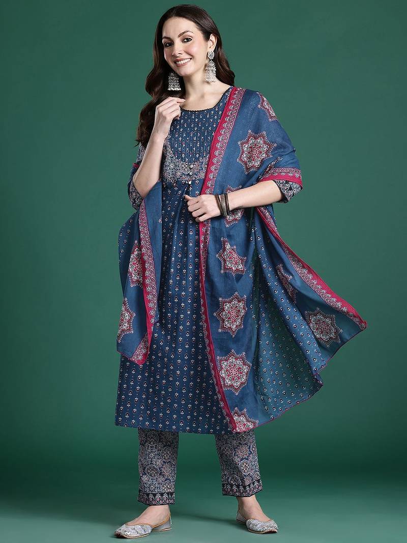 Ethnic Motifs Printed Mirror Work  Cotton Kurta with Trousers & With Dupatta