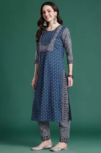 Ethnic Motifs Printed Mirror Work  Cotton Kurta with Trousers & With Dupatta