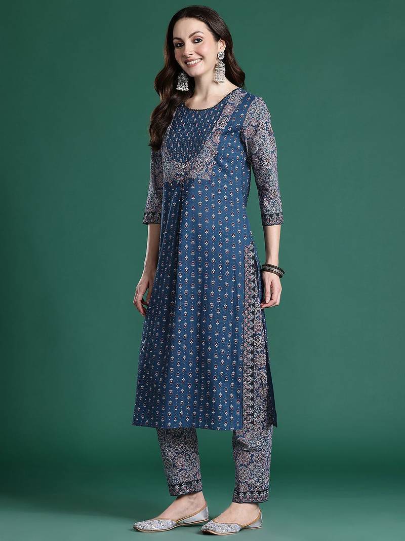 Ethnic Motifs Printed Mirror Work  Cotton Kurta with Trousers & With Dupatta
