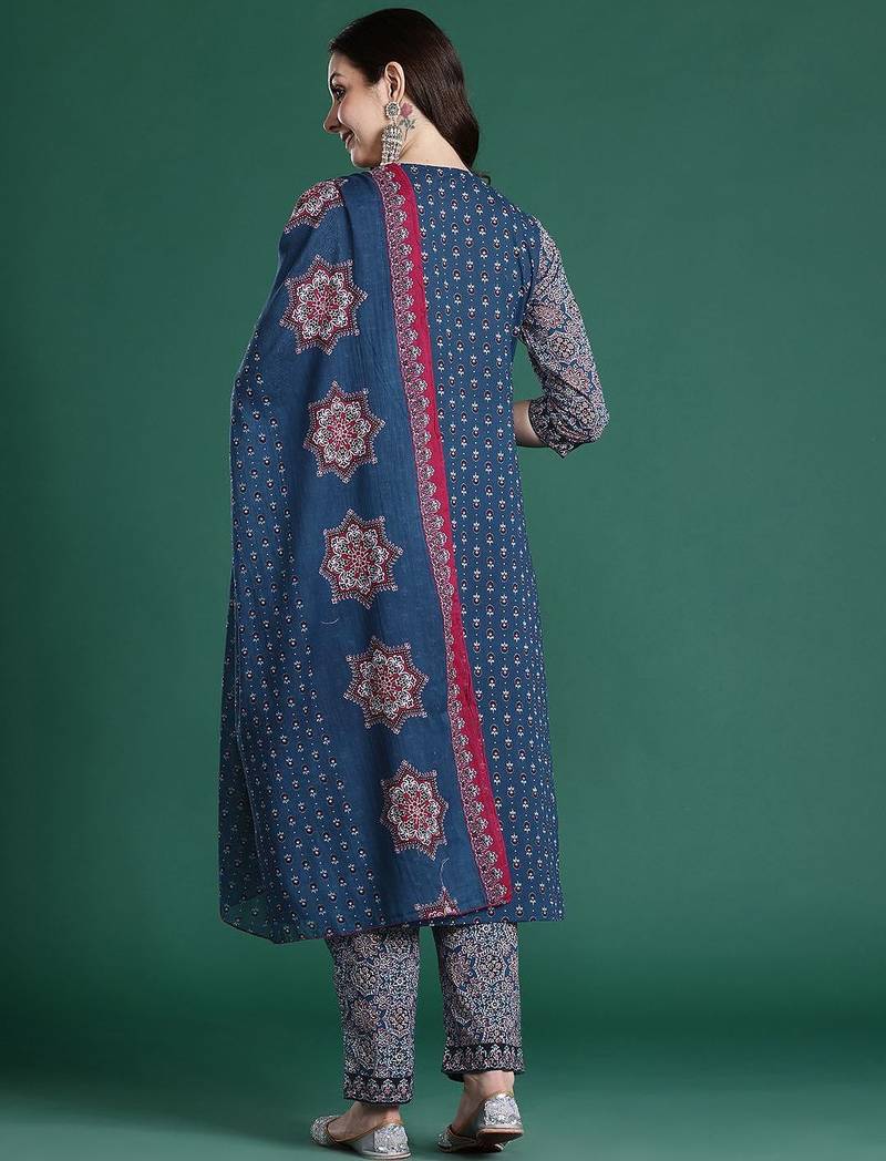 Ethnic Motifs Printed Mirror Work  Cotton Kurta with Trousers & With Dupatta