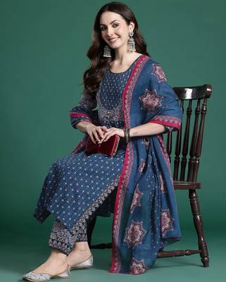 Ethnic Motifs Printed Mirror Work  Cotton Kurta with Trousers & With Dupatta 8