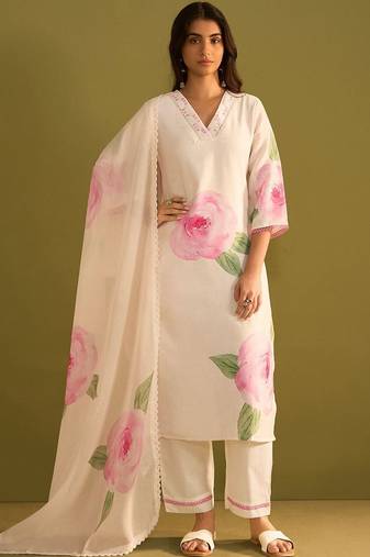 Women Floral Printed Regular Sequinned Linen Kurta with Trousers & With Dupatta