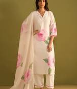 Women Floral Printed Regular Sequinned Linen Kurta with Trousers & With Dupatta