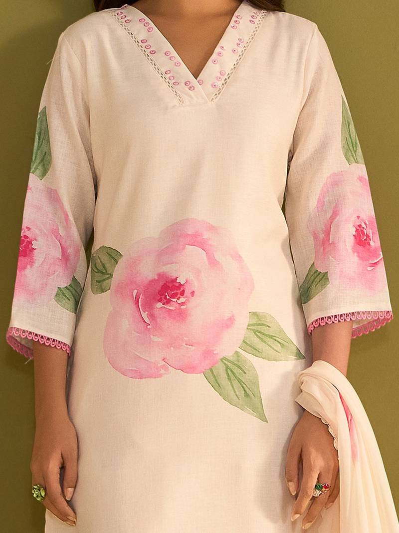 Women Floral Printed Regular Sequinned Linen Kurta with Trousers & With Dupatta