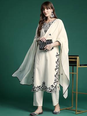 Ethnic Motifs Embroidered Regular  Cotton Kurta with Trousers & Dupatta 1