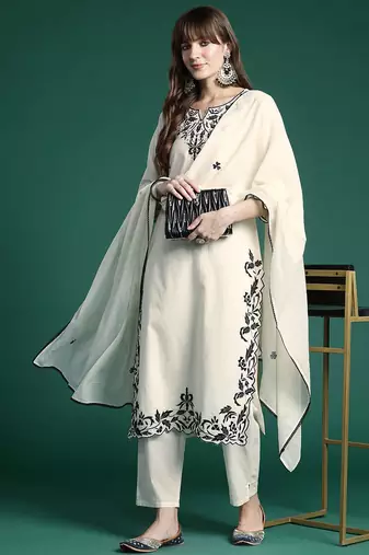 Ethnic Motifs Embroidered Regular  Cotton Kurta with Trousers & Dupatta