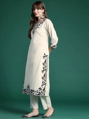 Ethnic Motifs Embroidered Regular  Cotton Kurta with Trousers & Dupatta 5