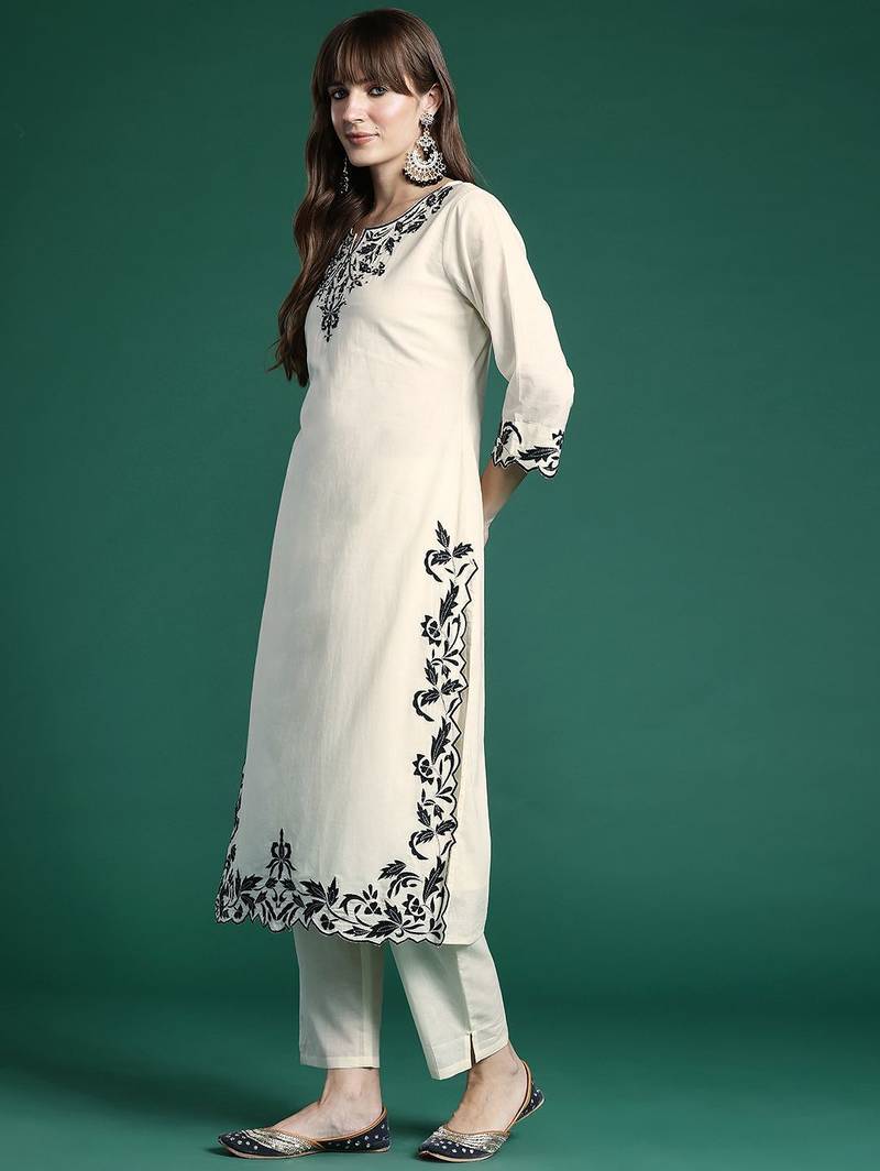 Ethnic Motifs Embroidered Regular  Cotton Kurta with Trousers & Dupatta