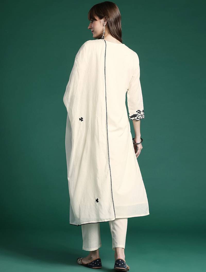 Ethnic Motifs Embroidered Regular  Cotton Kurta with Trousers & Dupatta