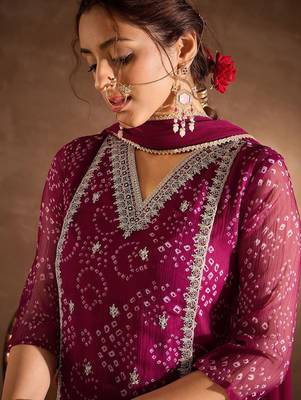 Bandhani Printed V-Neck Zari Silk Chiffon Straight Kurta With Trousers & Dupatta 1