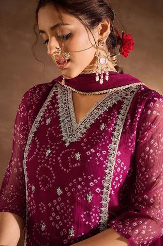 Bandhani Printed V-Neck Zari Silk Chiffon Straight Kurta With Trousers & Dupatta