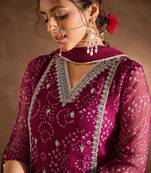 Bandhani Printed V-Neck Zari Silk Chiffon Straight Kurta With Trousers & Dupatta