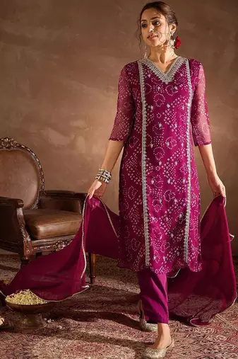 Bandhani Printed V-Neck Zari Silk Chiffon Straight Kurta With Trousers & Dupatta