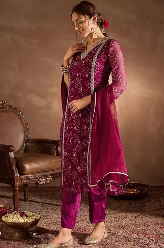 Bandhani Printed V-Neck Zari Silk Chiffon Straight Kurta With Trousers & Dupatta