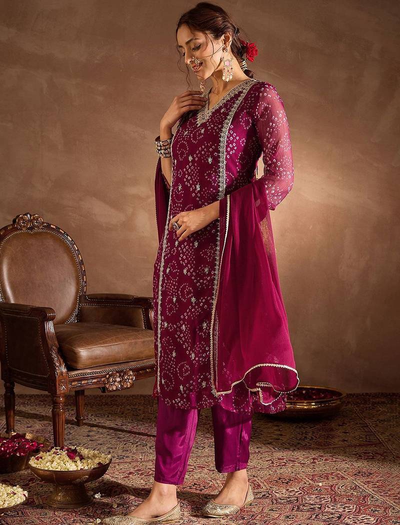 Bandhani Printed V-Neck Zari Silk Chiffon Straight Kurta With Trousers & Dupatta