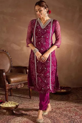 Bandhani Printed V-Neck Zari Silk Chiffon Straight Kurta With Trousers & Dupatta