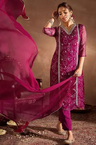 Bandhani Printed V-Neck Zari Silk Chiffon Straight Kurta With Trousers & Dupatta