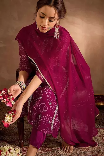 Bandhani Printed V-Neck Zari Silk Chiffon Straight Kurta With Trousers & Dupatta