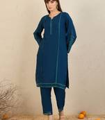 Ethnic Motifs Embroidered Flared Sleeves Notch Neck Straight Kurta with Trousers