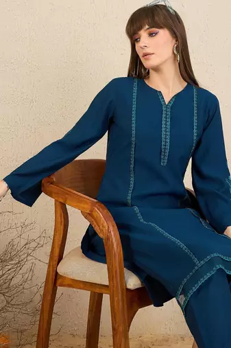 Ethnic Motifs Embroidered Flared Sleeves Notch Neck Straight Kurta with Trousers
