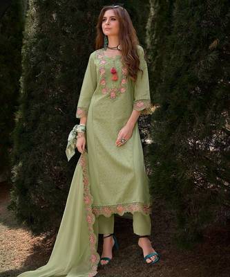 Women Floral Embroidered Regular Sequinned Cotton Kurta with Trousers & Dupatta 4