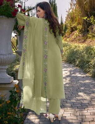 Women Floral Embroidered Regular Sequinned Cotton Kurta with Trousers & Dupatta 5