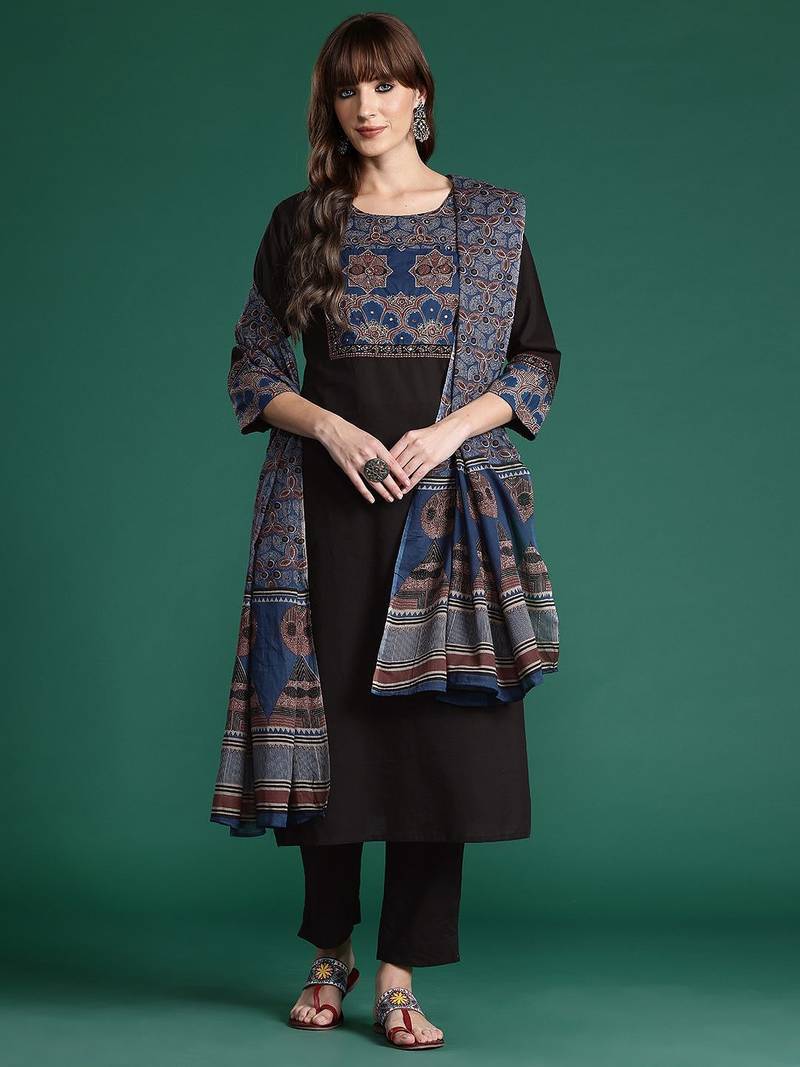 Ethnic Motifs Printed Mirror Work  Cotton Kurta with Trousers & With Dupatta
