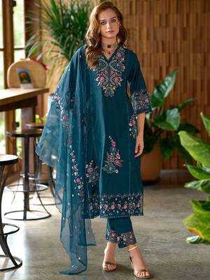 Women Floral Embroidered Panelled Sequinned Kurta with Trousers & Dupatta 1