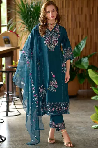 Women Floral Embroidered Panelled Sequinned Kurta with Trousers & Dupatta