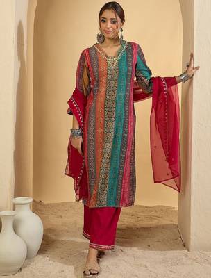 Women Ethnic Motifs Embroidered Thread Work Kurta with Palazzos & With Dupatta 1
