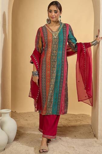 Women Ethnic Motifs Embroidered Thread Work Kurta with Palazzos & With Dupatta