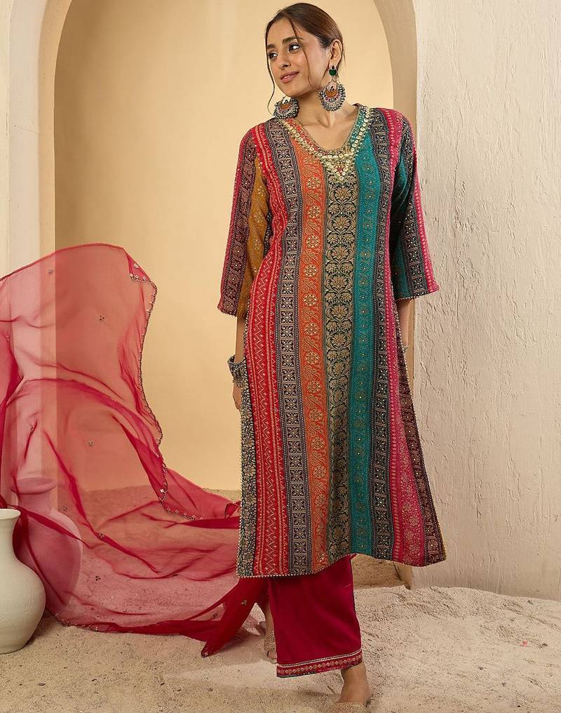 Women Ethnic Motifs Embroidered Thread Work Kurta with Palazzos & With Dupatta