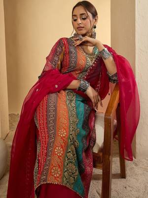 Women Ethnic Motifs Embroidered Thread Work Kurta with Palazzos & With Dupatta 7