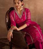 Floral Embroidered V-Neck Sequinned Cotton Straight Kurta With Trousers & Dupatta