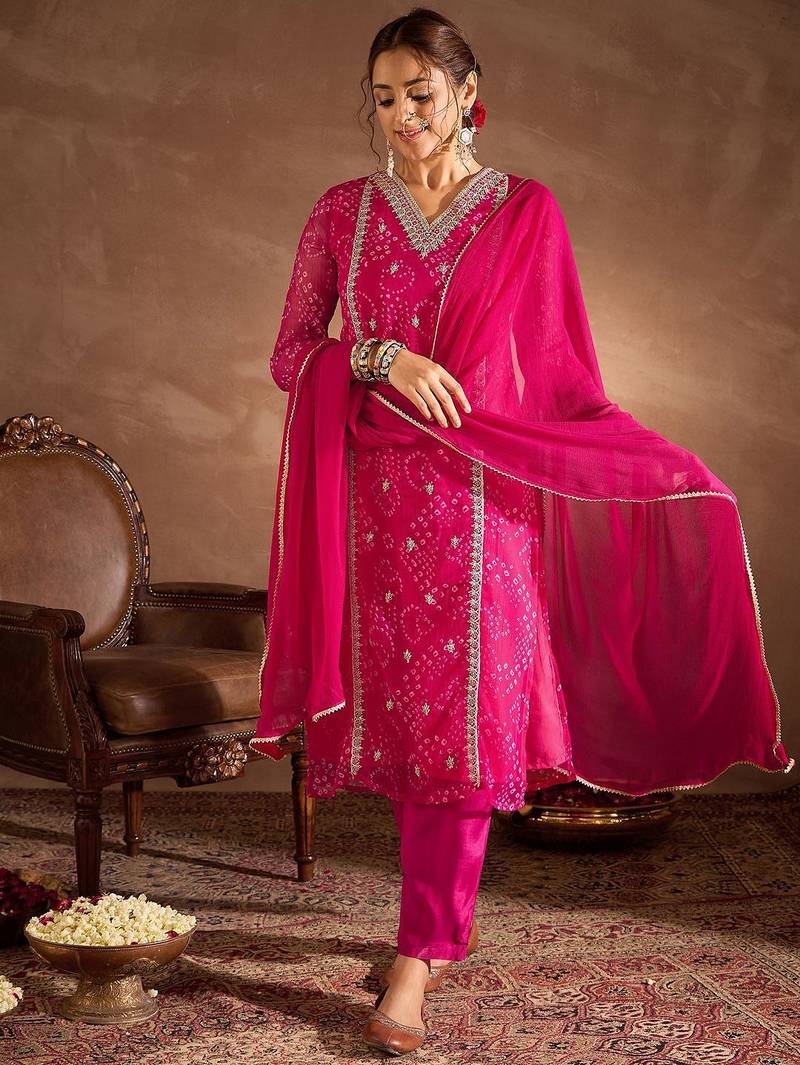 Floral Embroidered V-Neck Sequinned Cotton Straight Kurta With Trousers & Dupatta