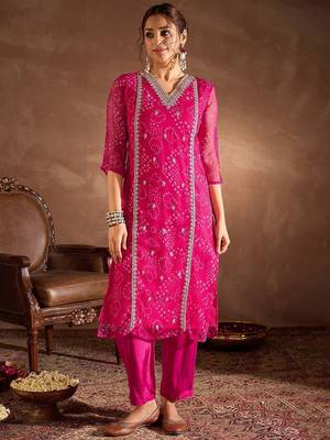 Floral Embroidered V-Neck Sequinned Cotton Straight Kurta With Trousers & Dupatta 7