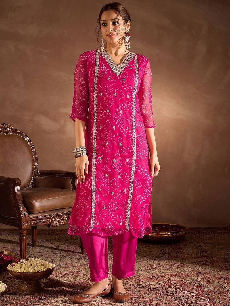 Floral Embroidered V-Neck Sequinned Cotton Straight Kurta With Trousers & Dupatta