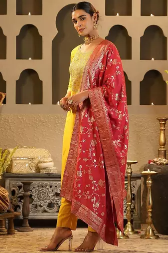 Floral Yoke Design Round Neck Zari Straight Kurta & Trousers With Dupatta
