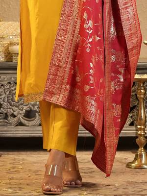 Floral Yoke Design Round Neck Zari Straight Kurta & Trousers With Dupatta 5