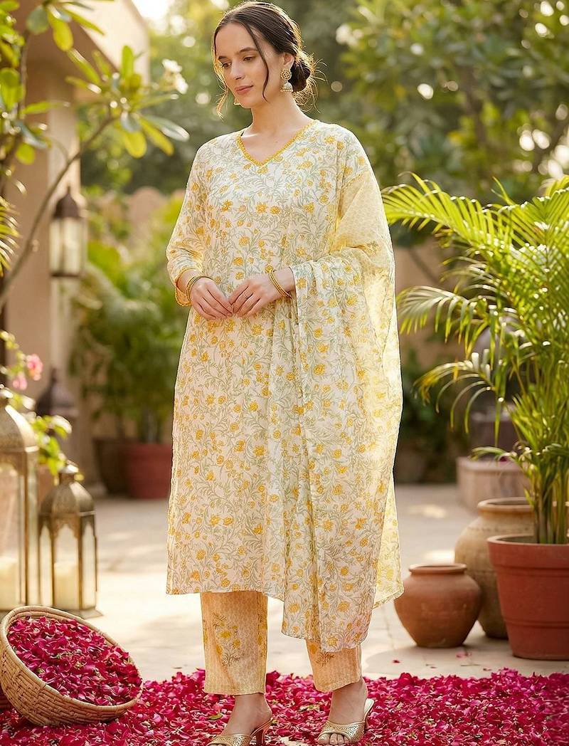 Women Floral Printed Regular  Cotton Kurta with Trousers & With Dupatta