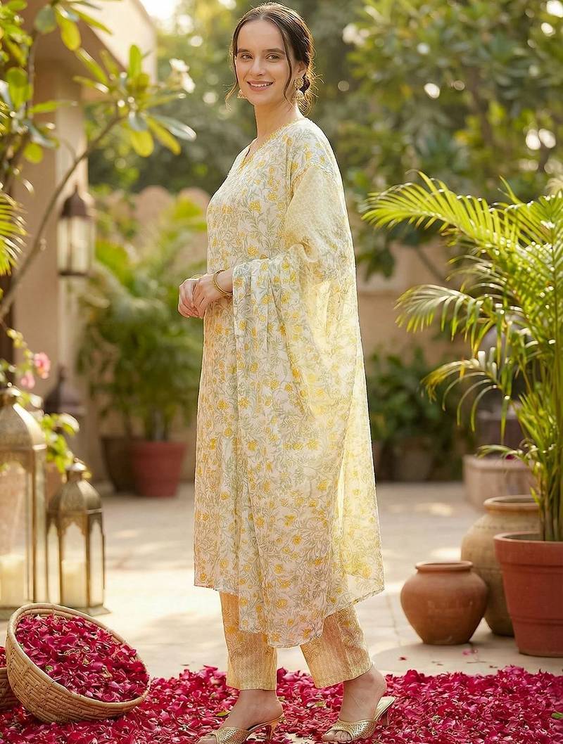Women Floral Printed Regular  Cotton Kurta with Trousers & With Dupatta