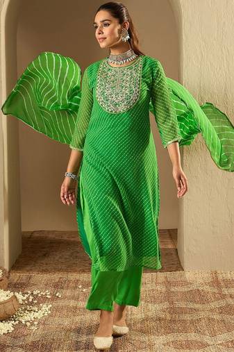 Leheriya Printed Straight Sequinned Georgette Kurta with Trousers & Dupatta