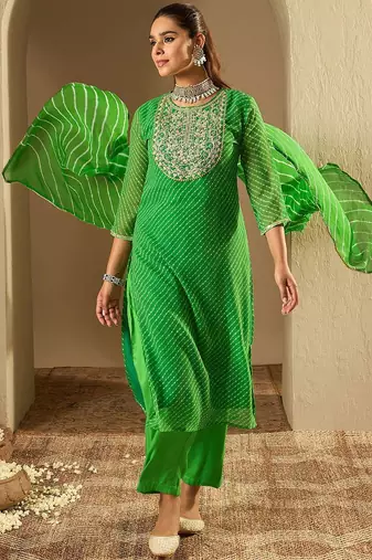 Leheriya Printed Straight Sequinned Georgette Kurta with Trousers & Dupatta