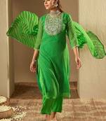 Leheriya Printed Straight Sequinned Georgette Kurta with Trousers & Dupatta