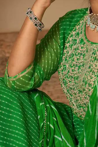 Leheriya Printed Straight Sequinned Georgette Kurta with Trousers & Dupatta