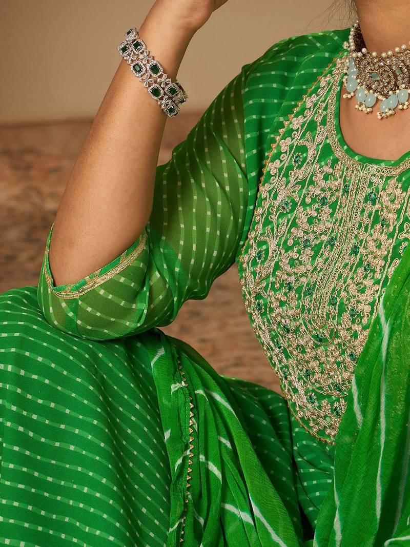 Leheriya Printed Straight Sequinned Georgette Kurta with Trousers & Dupatta